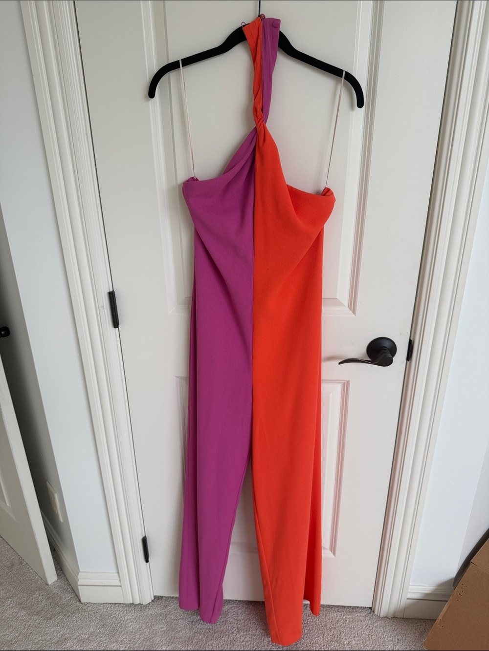 Trina Turk Two-Tone Halter Jumpsuit in Magenta and Orange